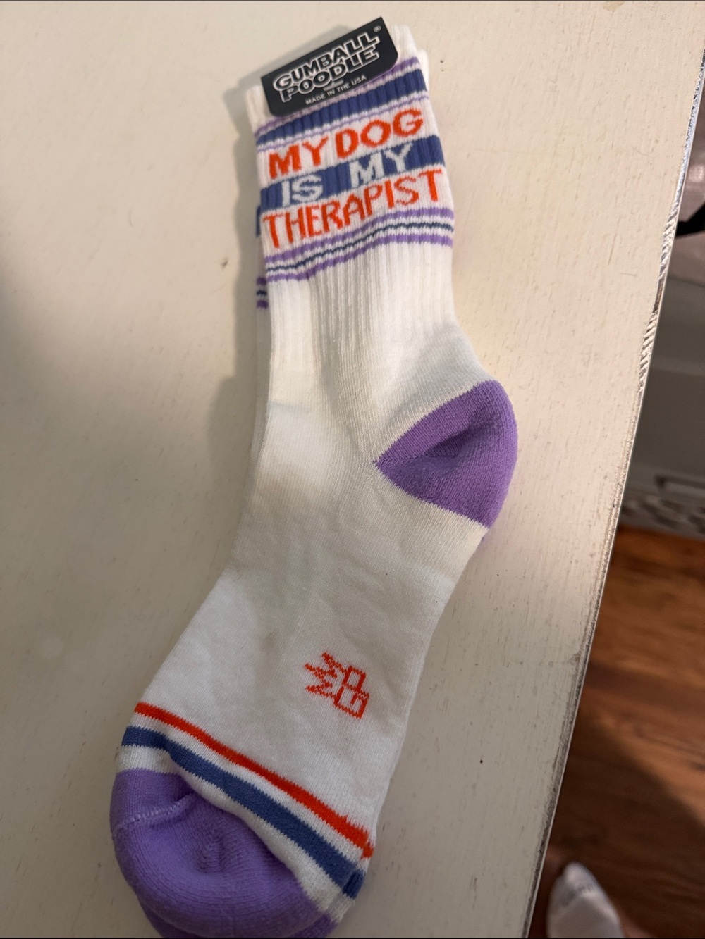 White & Purple 'My Dog Is My Therapist' Crew Socks
